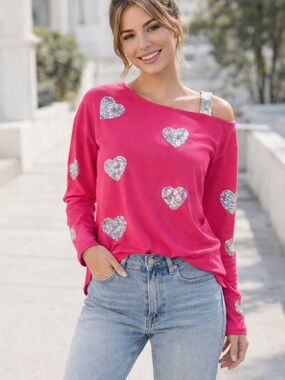 Barbiecore Pink Sequin Heart Top Y2K Long Sleeve Cute Size XL